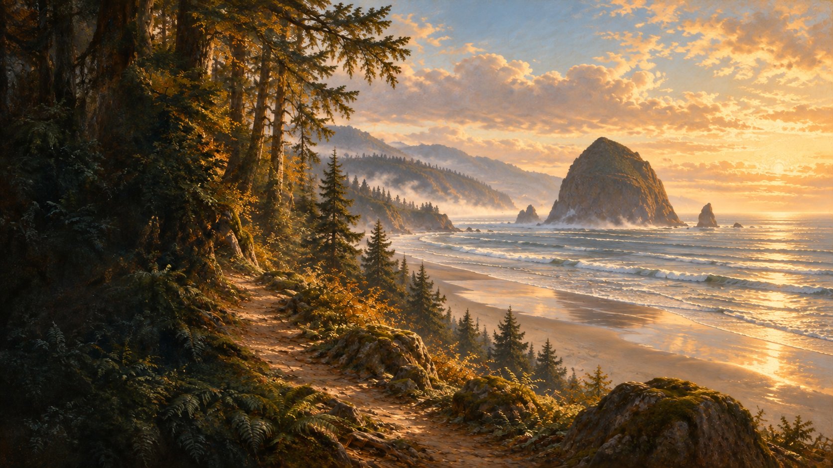 Renaissance-inspired painting of an empty forest path overlooking Haystack Rock and waves rolling toward Cannon Beach