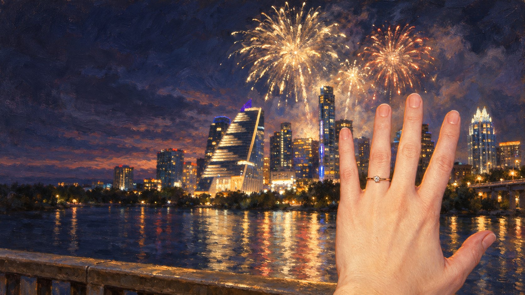 Renaissance-style painting from Congress Avenue Bridge across Lady Bird Lake toward Austin's skyline and fireworks, with Lauren's ring hand in the foreground