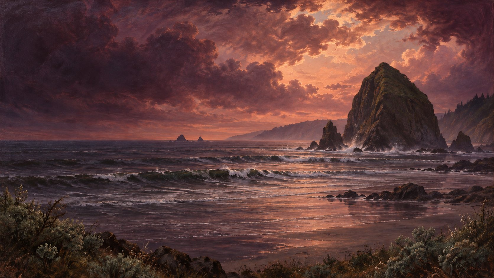 An oil-painted coastal rock and ocean beneath a changing sky