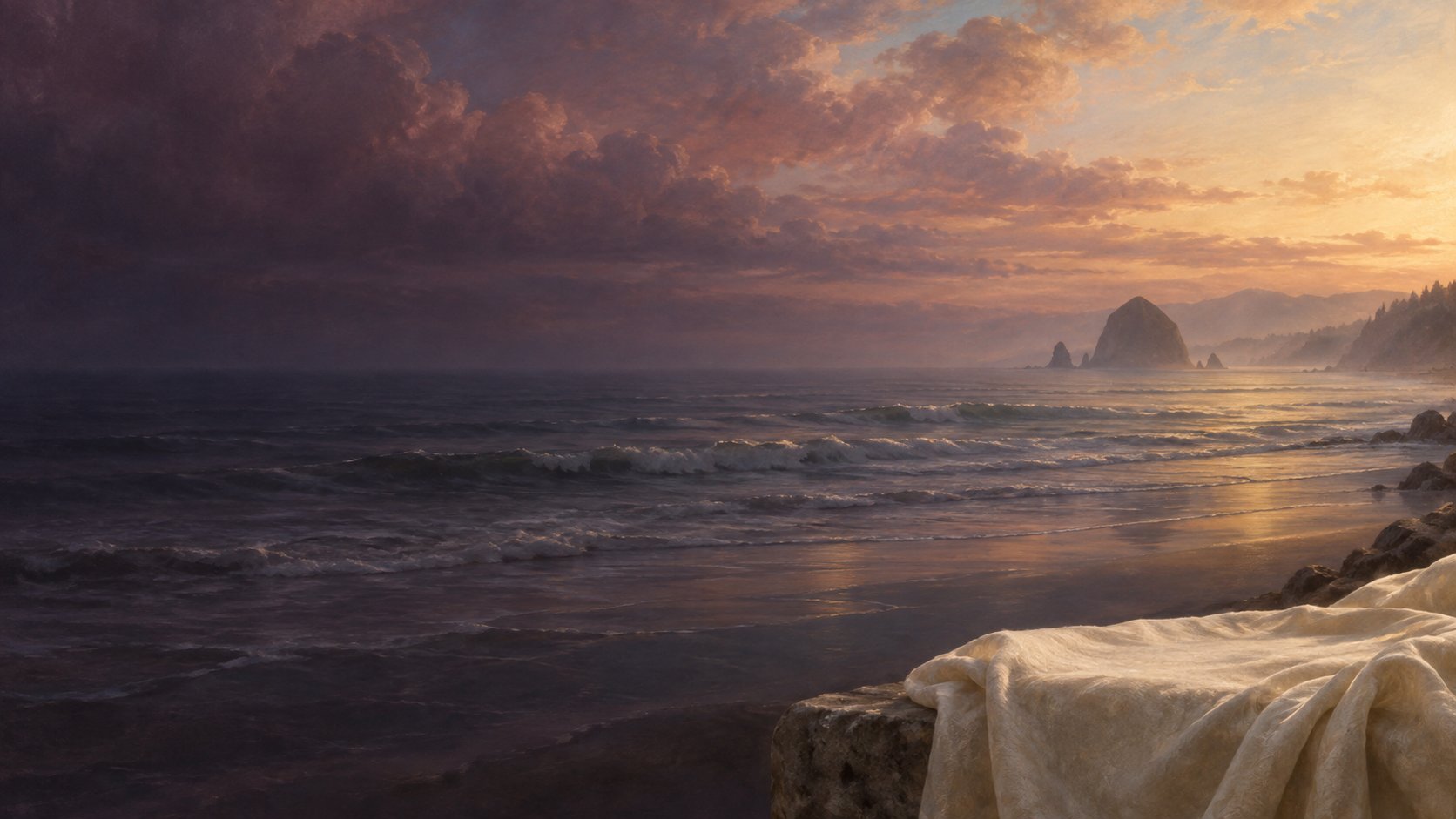 Renaissance-style dawn over the Pacific, with ivory linen in the foreground